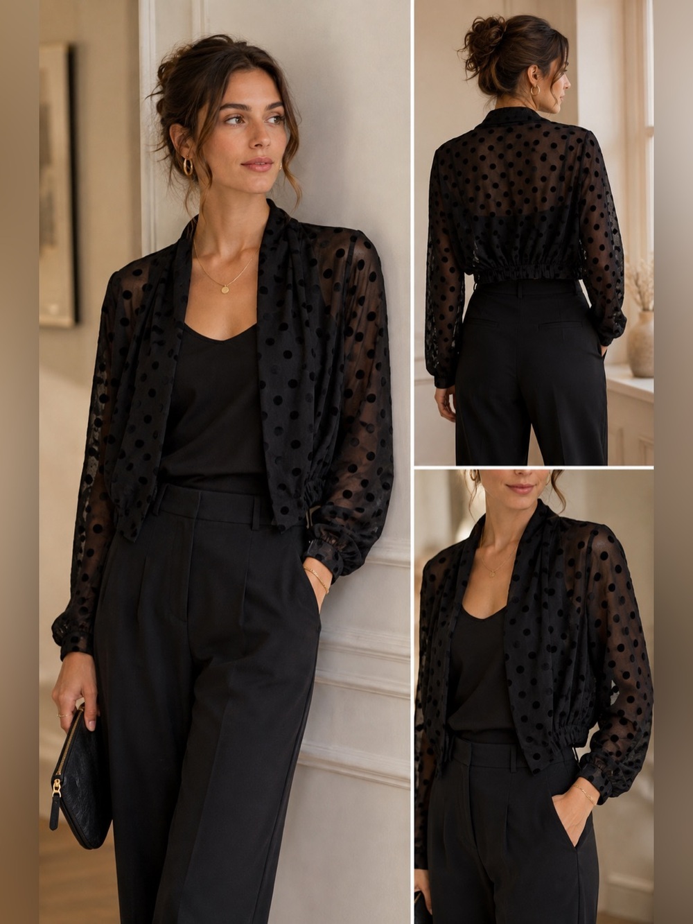 Anthropologie Elevenses Black Flocked Polka Dot Sheer Mesh Cropped Shrug XS